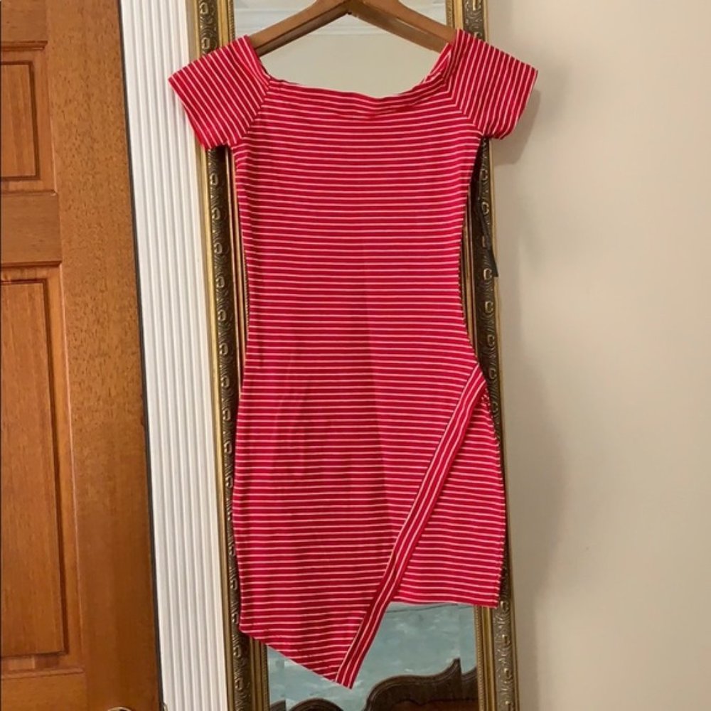 **Red Striped Asymmetrical hem dress**